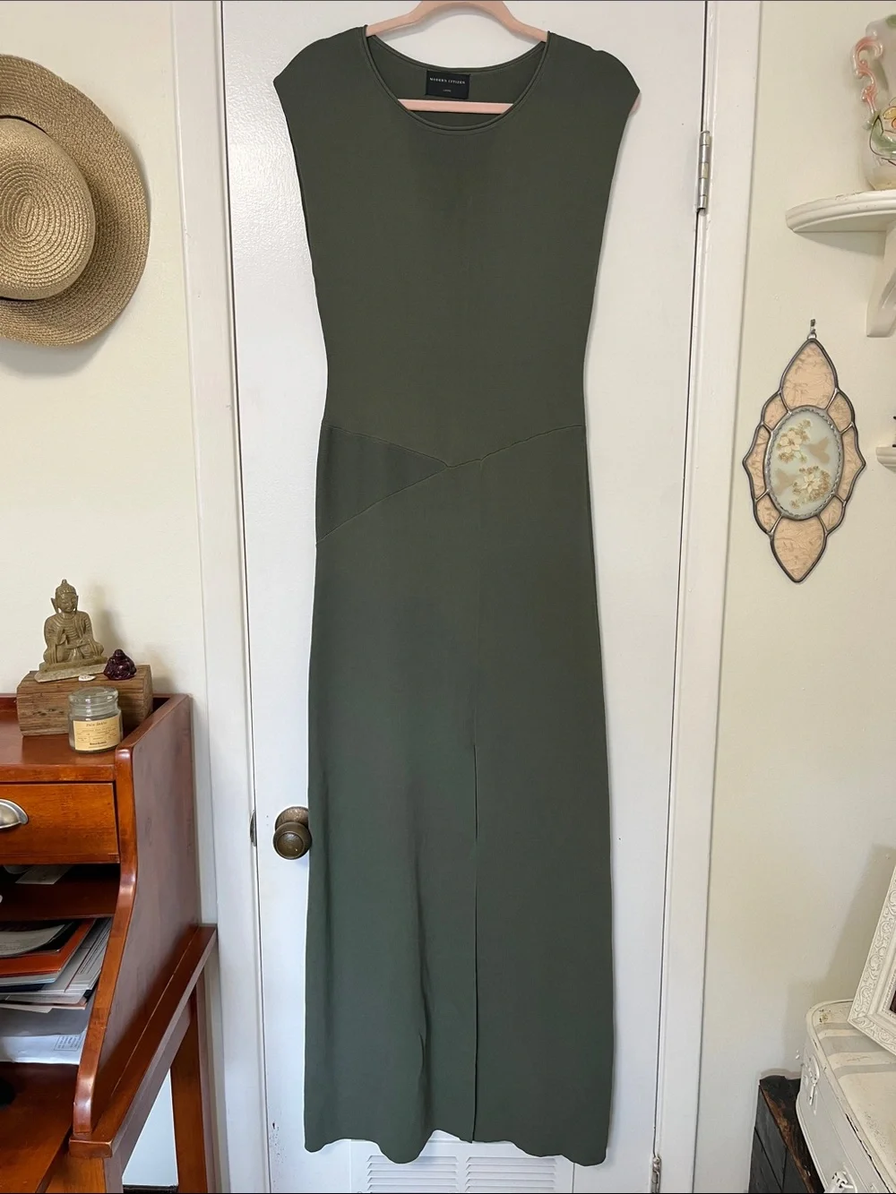 Modern Citizen Knit Midi Length Dress Sz Large Green Sleeveless Slit Stretch